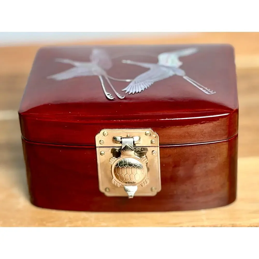 Vintage Lacquer Jewelry Box: Cranes, Turtle Clasp, Red Velvet Lined Asian Decor